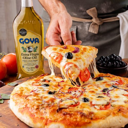 Homemade pizza with Goya Extra Virgin Olive Oil